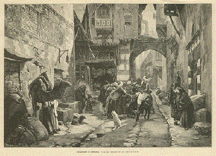 A painting depicting a bazar of pre-oil Damascus.
